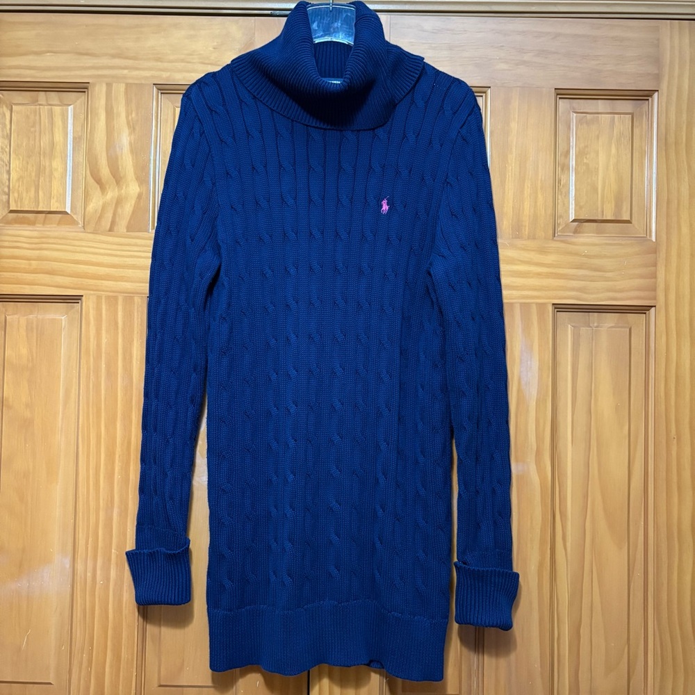 Ralph Lauren Sport Navy Blue Turtleneck Sweater/Mini Dress Size Large EUC